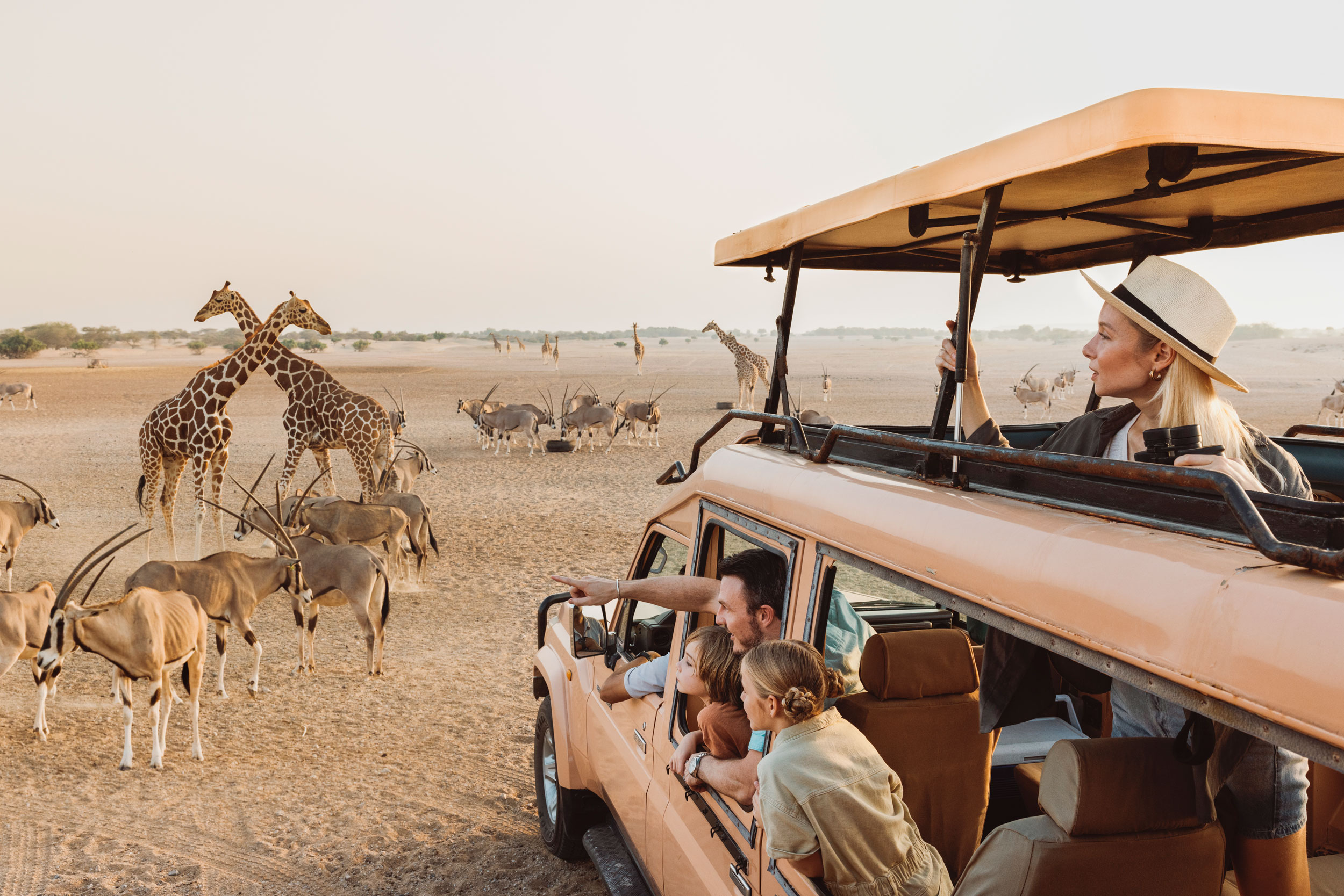 Family on safari watching giraffes and antelopes from an open-roof vehicle in desert.