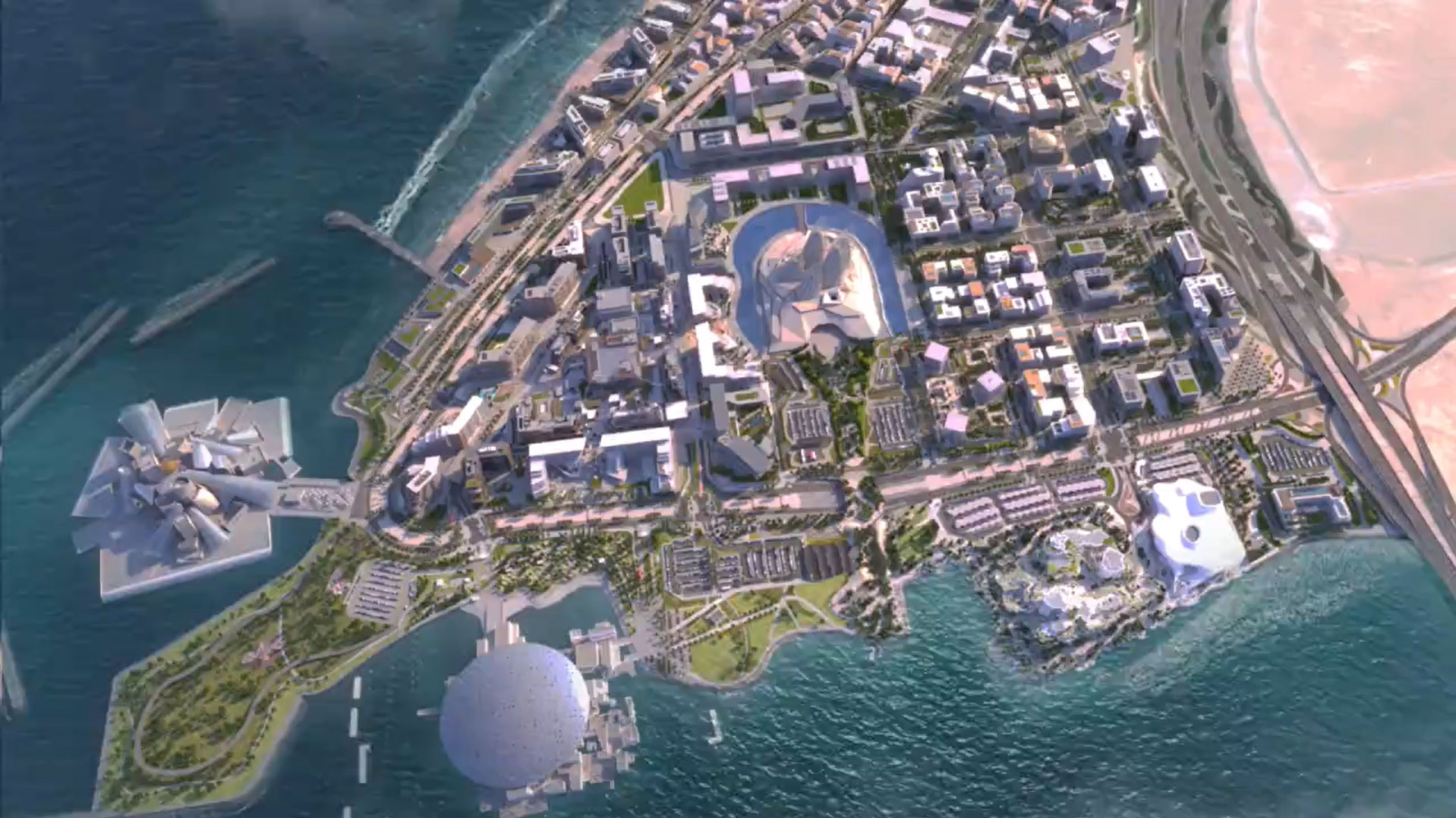 Illustrated aerial plan of Abu Dhabi’s Saadiyat Cultural District featuring museums and green spaces