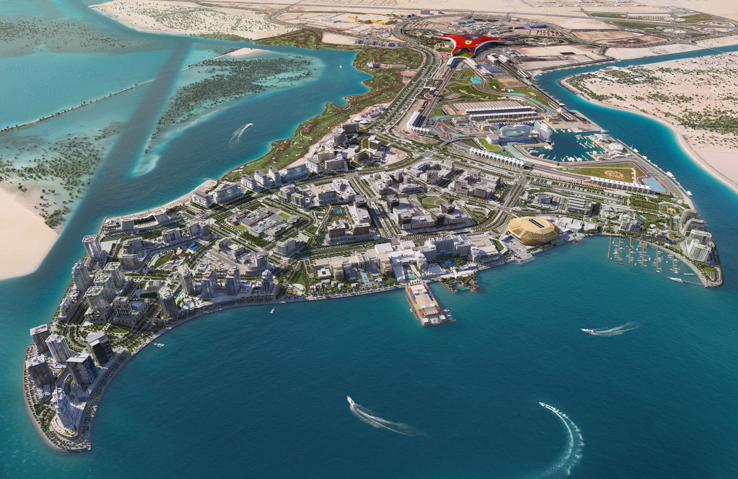 Aerial view of Yas Island in Abu Dhabi showcasing landmarks and turquoise waters.